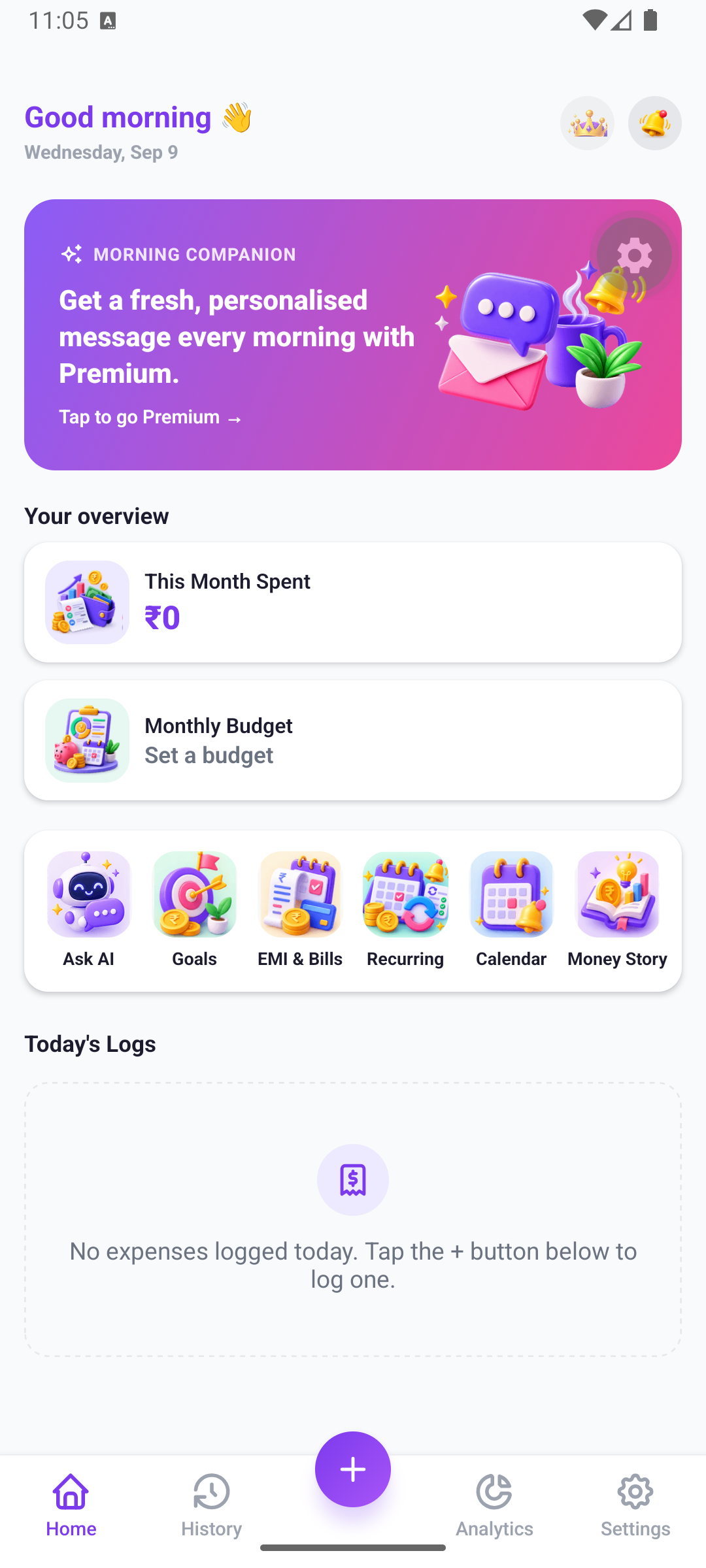 SpendScope home screen showing spending overview, quick actions, and today's logs
