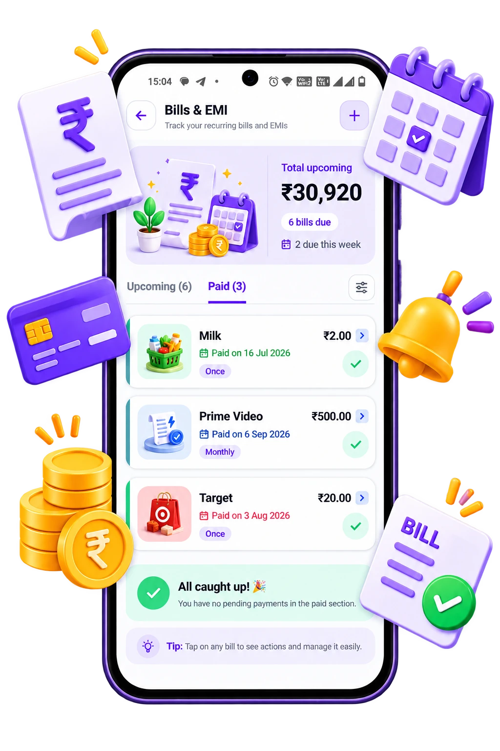 Bills and EMIs screen with due-date reminders