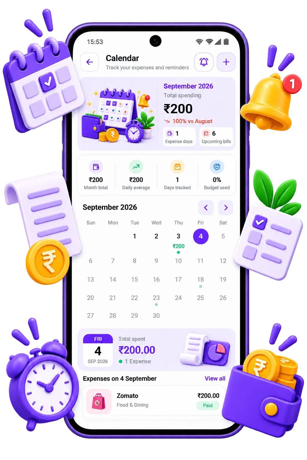 Calendar screen showing daily spending